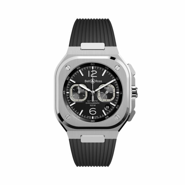 Montre de la marque Bell & Ross en acier et bracelet caoutchouc noir avec fonction chronographe