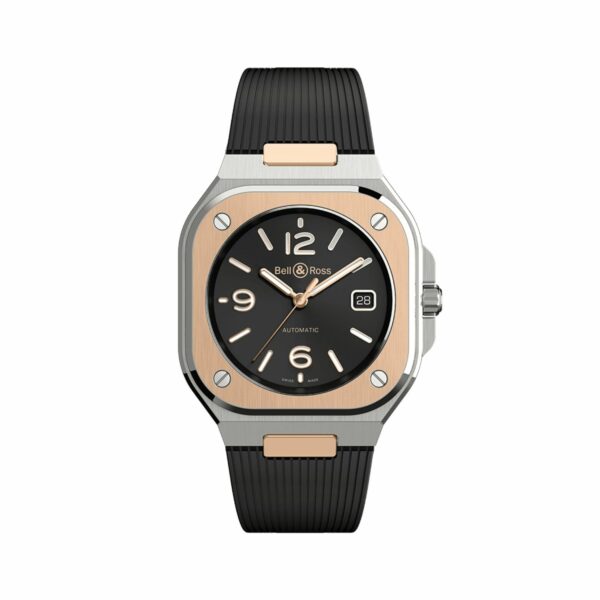Montre de la marque Bell & Ross modèle BR05 en acier & or rose, cadran noir et bracelet caoutchouc noir
