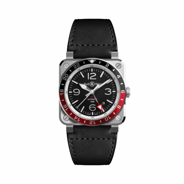 Montre de la marque Bell & Ross modèle BR03 GMT cadran noir lunette noire et rouge bracelet cuir noir