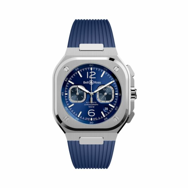 Montre de la marque Bell & Ross modèle BR05 chronographe avec cadran bleu et bracelet caoutchouc bleu