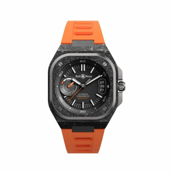 Montre de la marque Bell & Ross modèle BRX5 cadran noir et bracelet caoutchouc orange