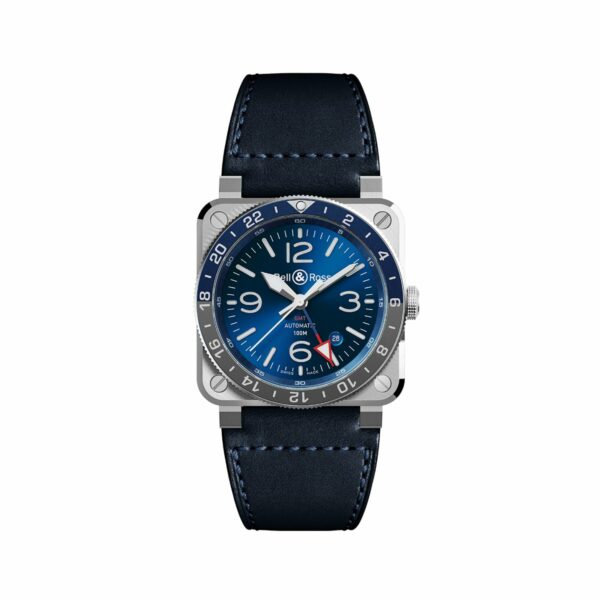 Montre de la marque Bell & Ross modèle BR03 GMT cadran bleu, lunette grise et bleue, bracelet cuir