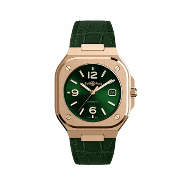 Montre de la marque Bell & Ross modèle BR05 en or rose cadran vert et bracelet cuir ou caoutchouc vert