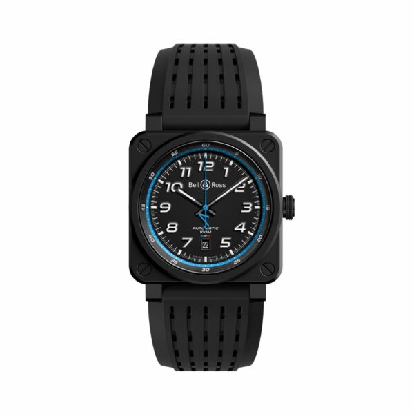 Montre Bell & Ross modèle BR03 cadran noir liseret bleu bracelet caoutchouc noir