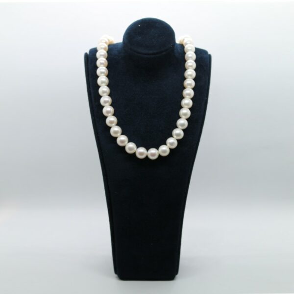 buste bleu marine sur fond blanc et gris présentant un collier de perles blanches akoya