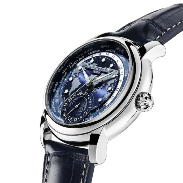 Montre Frédérique Constant Classics Worldtimer Manufacture bleue de côté