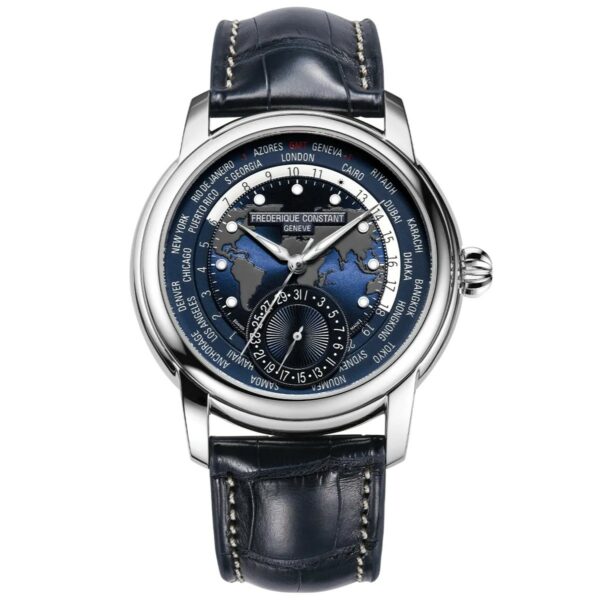 Montre Frédérique Constant Classics Worldtimer Manufacture bleue de face